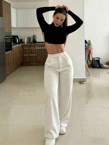 Pantalones de vestir de cintura alta y pierna ancha para mujer, pantalones elegantes con pliegues y caída hasta el suelo, pantalones casuales de corte slim, ropa de oficina blanca, estilo minimalista y elegante para la calle en primavera - Blanco - Ver 4