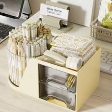 2-Drawer Rotating Desktop Organizer, Pen Holder, Desktop Organizer And Storage Rack With 4 Compartments + Drawers, For Office, Home, And Art Supplies - Multicolor - View 6