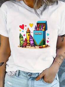 Gráficos de crayones sonrientes saliendo de su caja rodeados de corazones que transmiten  y alegría en camiseta para mujer 100% algodón - Blanco - Ver 1