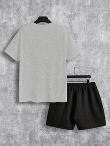 Men'S New York Casual Short Sleeve Black With White Lettering Casual Style| Comfortable Fit, PLUS SIZE  Men's Casual Outfit, Cotton Sportswear Set - 淺灰色 - 查看 2
