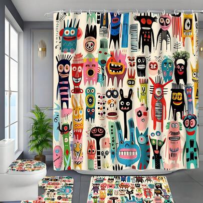 4pcs Cartoon Print Polyester Bathroom Set, Including Waterproof Woven Curtain, Machine Washable, With Hooks And Accessories, Easy Installation - Fashionable Decor For All Seasons