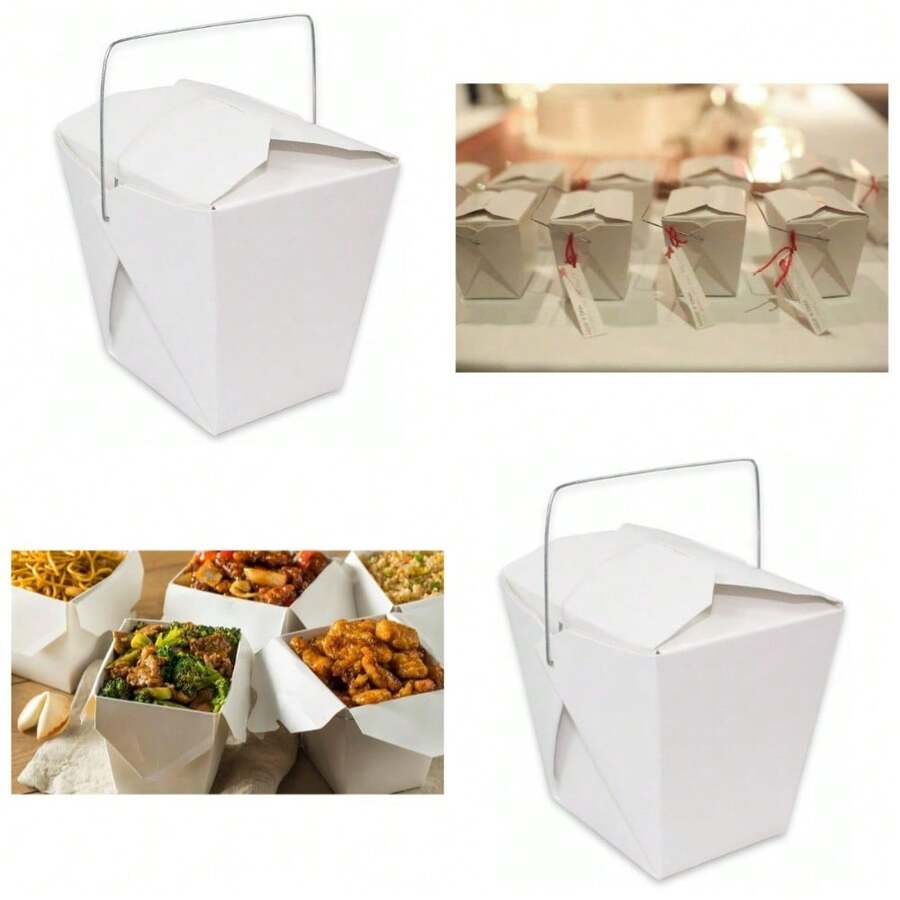 32oz White Chinese Takeout Box With Handle, Leak Resistant & Grease Proof Stackable Food Container - 1 - View 1