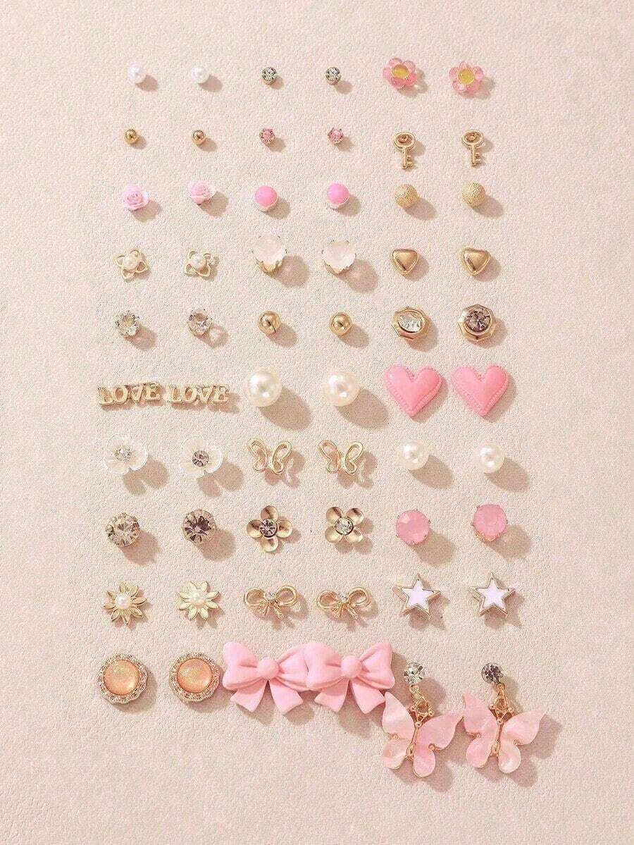 30pcs/Set Minimalist Bow, Flower, Pearl & Metal Cute Sweet Style Earrings Set For Girls - 多色 2 - 查看 1