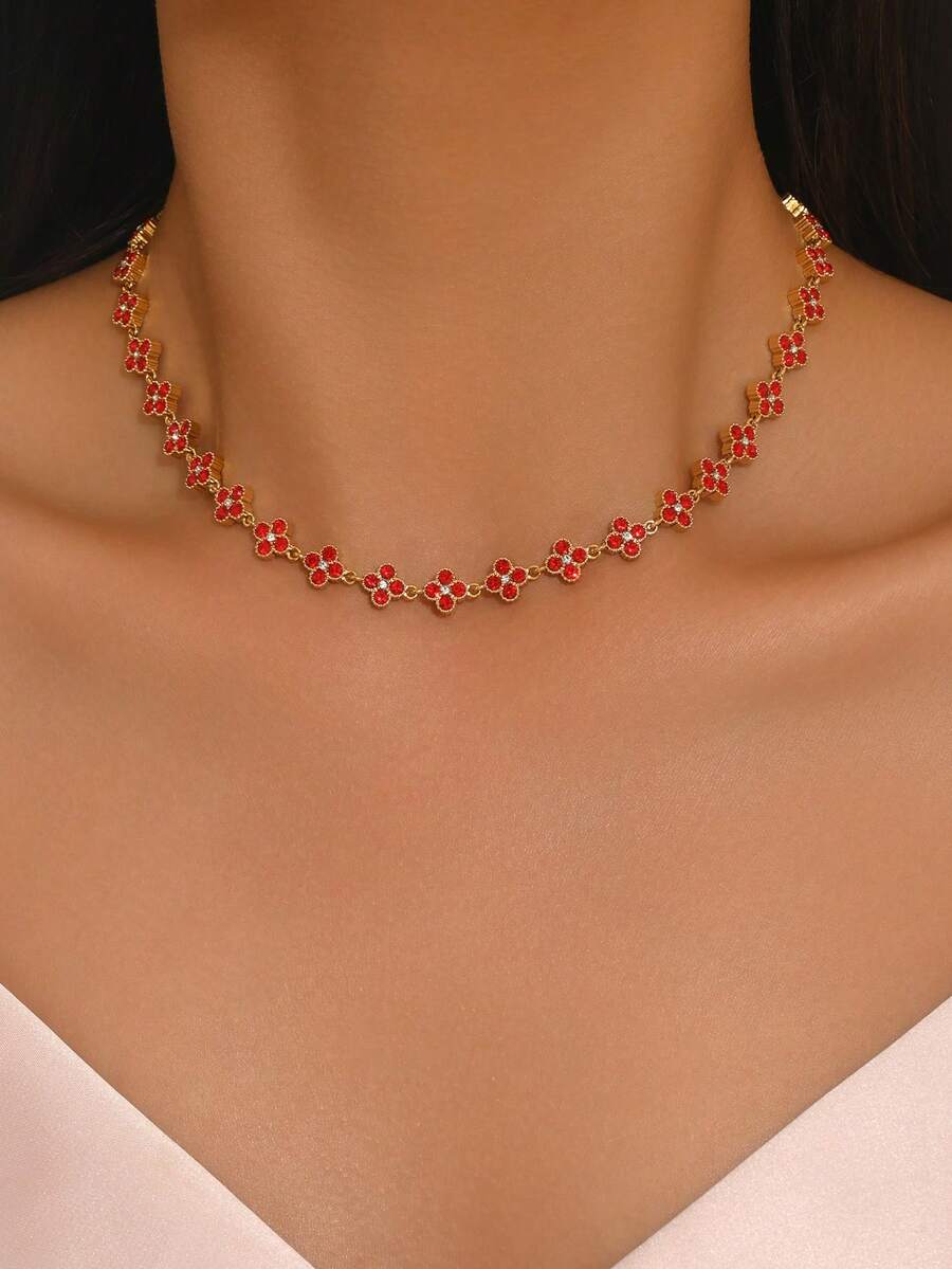 1pc Women's Gold Stainless Steel Four-Leaf Flower Full Diamond Red Necklace, Fashion Jewelry, 18K Gold Plated - Gold - View 1