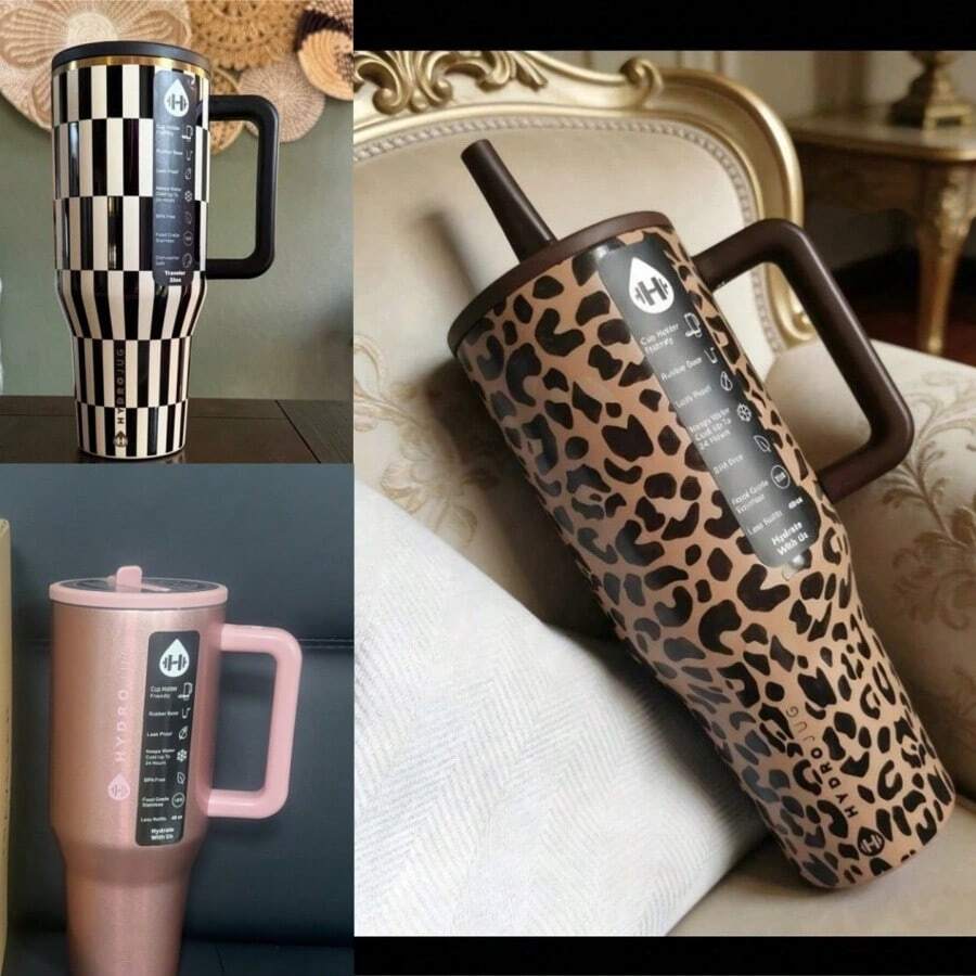 Botella de agua Traveler de 32 Oz/40 Oz con asa y pajita abatible - Cabe en el portavasos, vaso aislado a prueba de fugas de acero inoxidable y base de goma - Regalos para mujeres y hombres