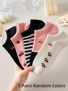 5 Pairs Women's Cute Cherry & Striped Pattern Ankle Socks, Black And Pink, Non-Slip, Breathable, Suitable For Spring/Summer - Multicolor - View 7