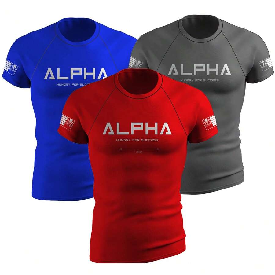 ALFA REI Kit Of 3 Men's Dry Fit T-Shirts, Original, For Gym, Weight Training, Physical Activities, Reinforced Seams, Cool Mesh, Fitness - 藍色/灰色/紅色 - 查看 1