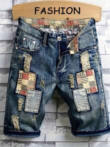 Men's Fashion Ripped Distressed Slim Fit Straight Leg Denim Shorts - Dark Wash - View 1