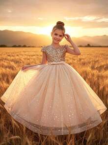 Vestido maxi de princesa sin mangas para niña preadolescente, con lentejuelas y lazo de tul, vestido de dama de honor y fiesta para adolescentes y jóvenes - Dorado - Ver 3