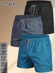 2026 Pantalones cortos deportivos de unicolor para hombres con bolsillos con cremallera y cintura con cordón, adecuados para fitness, correr y uso diario - Multicolor - Ver 5
