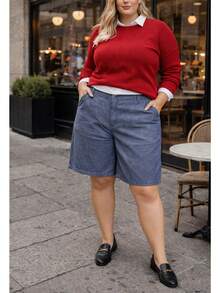 Women's Plus Size Denim Bermuda Shorts With Texture, High Waist, Pockets, Loose Fit, No Elastane, All Cotton, Basic, Elegant, Versatile, Very Comfortable - Màu xanh lam - Xem 4