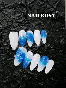 nailrosy 10片手工壓克力穿戴式假指甲 多色透明中長杏仁形短甲片 3D花卉美甲配件 婚禮生日派對 Y2K 可愛法式風美甲工具 - 彩色 - 查看 2