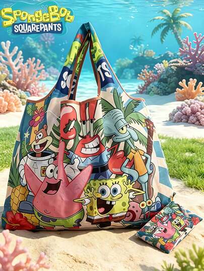 SpongeBob SquarePants 1 chiếc túi mua sắm/túi xách gấp gọn in hình hoạt hình dễ thương, kèm túi nhỏ đựng đồ có dây xích ngọc trai để treo lên túi, in hình các nhân vật hoạt hình như Squidward Tentacles, Sandy Cheeks, Eugene H. Krabs và Gary.