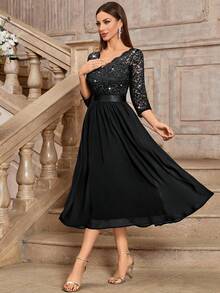 MIUSOL Elegant V-Neck Sequin Floral Lace Ruched Chiffon 3/4 Sleeve Prom Party Swing Dress, Spring Summer Dress, A-Line Dress, Midi Dress Black - Black - View 7