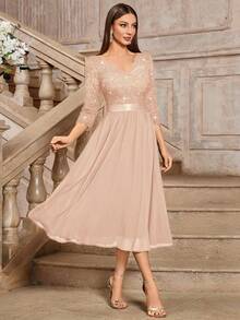 MIUSOL Elegant V-Neck Sequin Floral Lace Ruffle Chiffon 3/4 Sleeve Swing Party Dress, Suitable For Wedding Guest, Graduation Ceremony, Spring/Summer, A-Line Midi Dress, Mother's Day Outfit - Champagne - View 5