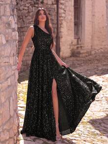 Faeriesty Elegante vestido de noche largo sin mangas para mujer, con bajo con abertura y lentejuelas brillantes para una elegancia lujosa, adecuado para alfombra roja, gala benéfica, boda, fiesta de lujo y otras ocasiones formales como recepción de boda, baile de máscaras, fiesta del jardín secreto, cena formal, evento de etiqueta negra, ceremonia de graduación y fiesta de cumpleaños, vestido formal de primavera/verano - Negro - Ver 3
