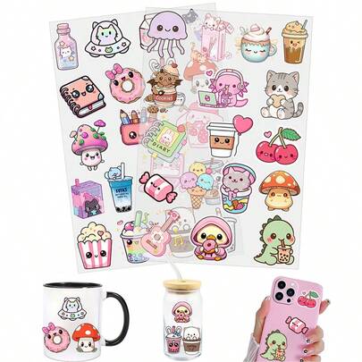 2 miếng dán chuyển nhiệt mini hình hoạt hình dễ thương, có thể tháo rời bằng công nghệ UV DTF, thích hợp dán lên cốc, ly cà phê, ly thủy tinh, bình hoa, máy tính xách tay, ốp điện thoại, thiệp chúc mừng, sổ tay minh họa, sổ kế hoạch, album ảnh và đồ trang trí nhà cửa, quà tặng ngày lễ.