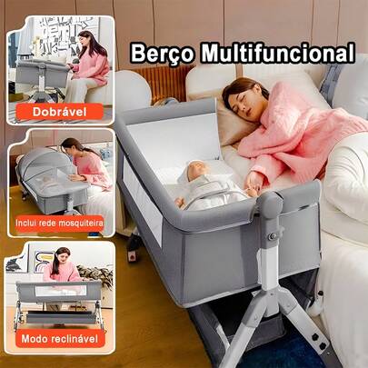 Berço Multifuncional 6 Em 1 Com Mosquiteiro E Rodízios Cama De Co-Sleeping Para Bebê 0-3 Anos