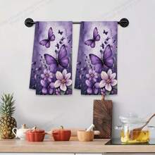 2条紫色蝴蝶花卉图案印花毛巾，现代吸水洗碗布，烹饪烘焙茶巾，洗碗布，手巾，超柔软高吸水性，厨房装饰，送给邻居/妈妈/生日礼物，乔迁礼物，厨房配件，家居必备 - 紫色 - 查看 4