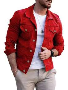 Men's Slim Fit Cotton Denim Jacket - Red 1 - View 1