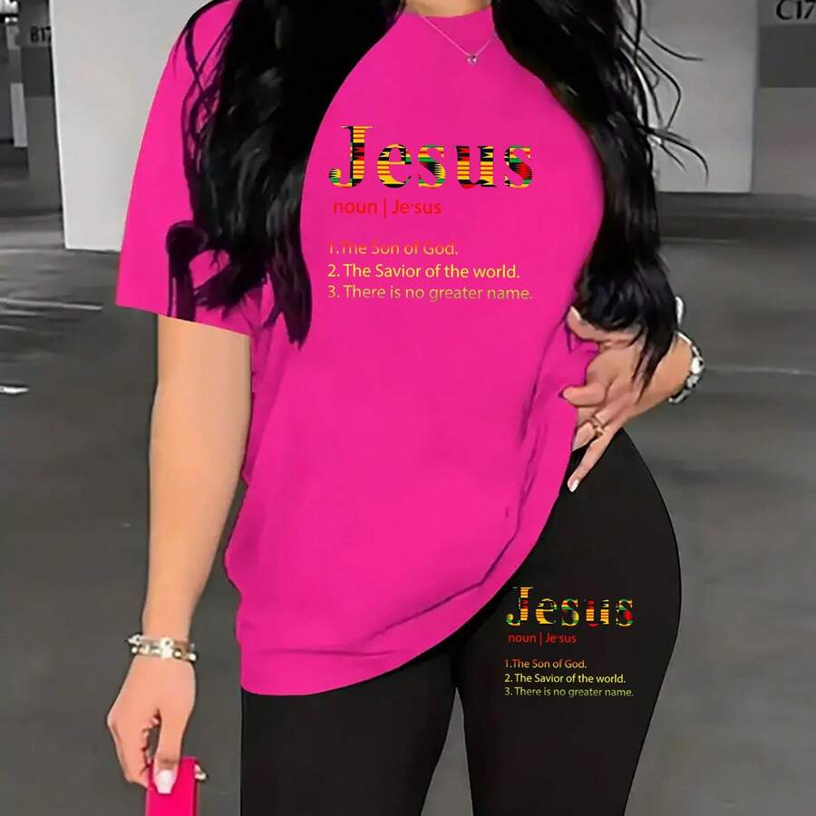 2pcs Plus Size Women's T-Shirt Set, "Jesus Definition" Text Graphic, Inspirational Design, Casual Daily Wear, Faith-Themed Outfit - Hồng - Xem 1