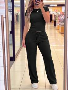2 piezas/Set Camiseta de manga corta de cuello redondo y pantalones sueltos de cintura elástica para mujer, unicolor casual de cuello redondo de manga corta con cintura elástica y bolsillo, - Negro - Ver 4