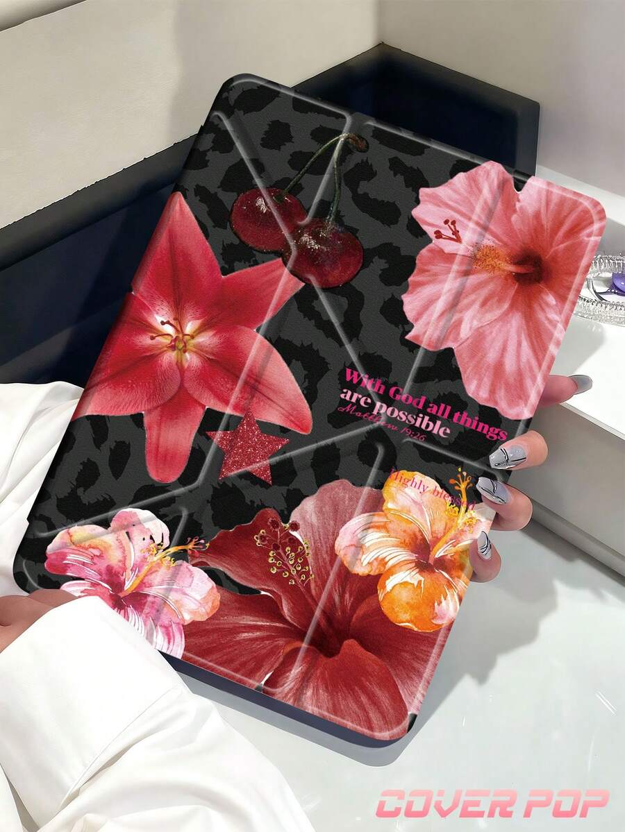2026款豹纹、百合花和樱花图案平板电脑保护套，兼容iPad Air 8 (M4) 2026款（11英寸）/2026款（13英寸）、9.7/10.2/10.5/10.9/12.9英寸/iPad Pro 11/A16、第十代、Galaxy Tab S6 Lite 10.4英寸、Kindle Paperwhite第十二代（2024款）、Kindle（第十一代至2024款），柔软防震保护，智能睡眠/唤醒功能，Y型折叠支架，多角度观看，Y2K风格