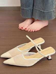 Giày cao gót mũi nhọn thời trang nữ, giày lưới khoét lỗ, quai sau, thoáng khí, giày bít mũi cao gót, sandal hở mũi. - Màu be - Xem 1
