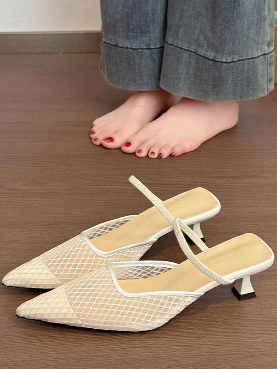 Giày cao gót mũi nhọn thời trang nữ, giày lưới khoét lỗ, quai sau, thoáng khí, giày bít mũi cao gót, sandal hở mũi. - Màu be - Xem 1