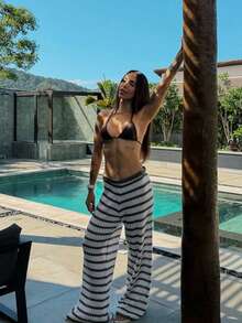 FORYEE Women's Contrast Color Striped Hollow Out Knit Wide Leg Pants, High Waist Crochet Beach Pants, Resort Style Summer - Maroon - View 1