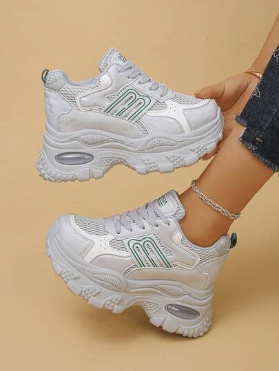 女士厚底运动鞋，休闲系带舒适鞋，适合春秋季穿着