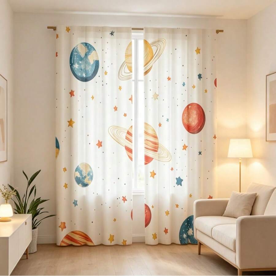 2 tấm rèm cửa hoạt hình vẽ màu nước chủ đề hệ mặt trời và thiên hà, rèm trang trí phòng, thiết kế có khe luồn thanh treo, chất liệu polyester bán trong suốt, phù hợp cho phòng khách, nhà bếp, phòng ngủ và nhiều không gian khác. - Nhiều màu - Xem 1