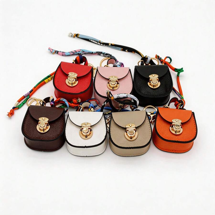 Móc khóa charm túi mini thời trang, mặt treo ví da PU kèm dây đeo khăn in họa tiết và khóa cài, phụ kiện cho ví đựng xu, túi xách, ba lô dành cho nữ và bé gái - Nhiều màu - Xem 1