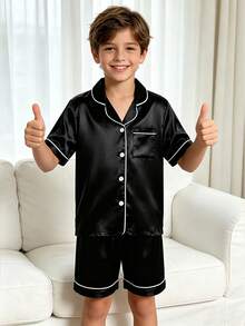 Tween Boy Black Mottled Collar Short Sleeve Single-Breasted Top And Shorts Casual Pajama 2-Piece Set - Black - View 3