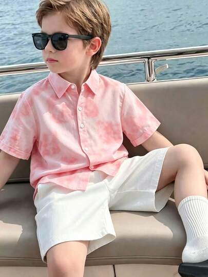 2pcs Toddler Boys' Summer Set: Tie Dye Tie-Dye Print Short Sleeve Shirt + Pure White Loose Shorts, Button-Down Collar Shirt & Shorts, Siblings Matching Daily Outing & Vacation Stylish Outfit