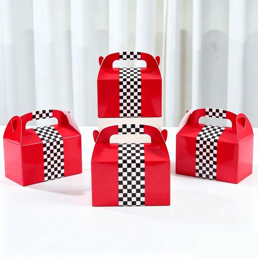 12/24pcs Black & White Checkered Gift Boxes, Racing Theme Birthday Party Favor Boxes, Foldable Handled Party Decoration Boxes, Suitable For Wedding, Festival, Party - View 1