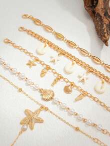 5pcs/Set Boho Beach Vacation Starfish Shell Hand Chain Bracelet Layered Cowrie Pearl Finger Ring Jewelry Set,Suitable For Summer Beach - Yellow Gold - View 4