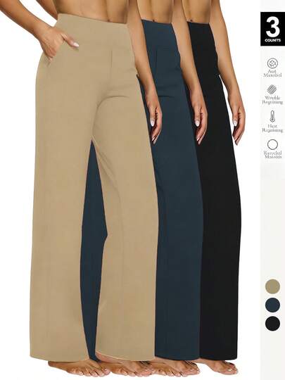 3pcs High-Waisted Wide Leg Pants - Stretchy Knit Trousers With Deep Pockets For Yoga, Lounge & Daily Commute