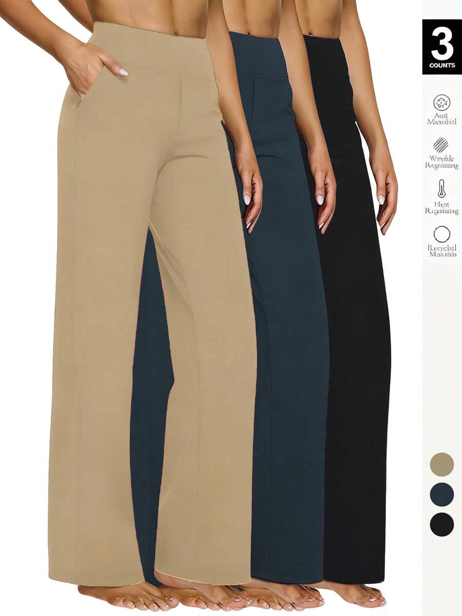 3pcs High-Waisted Wide Leg Pants - Stretchy Knit Trousers With Deep Pockets For Yoga, Lounge & Daily Commute