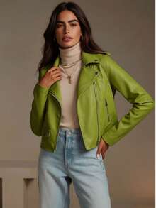 Women's Minimalist Versatile Faux Leather Short Motorcycle Jacket, Suitable For Spring And Autumn - Green - View 4