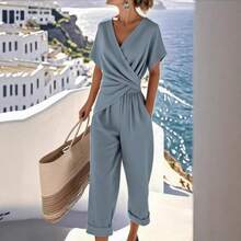 A Set Of Fashionable Multi-Color Jumpsuit Women's V-Neck Twisted Nine Inch Wide Leg Commuting Vacation Jumpsuit - 卡其色 - 查看 2