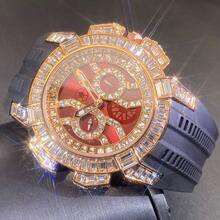 New Men's Special Red Dial Quartz Watch, Luxury Hip Hop Streetwear, Multi-Function Rubber Strap Watch With Synthetic Diamonds, Unisex Wristwatch - Black - View 2