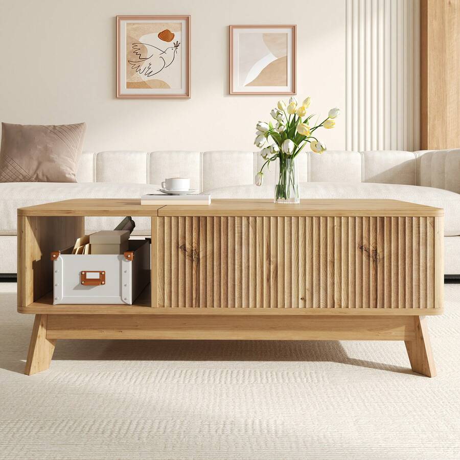 Coffee Table With Lifting Function, Wavy Design, Open Side Storage, Made Of Medium-Density Fiberboard, Modern Style. - Natural Wood Color - View 1