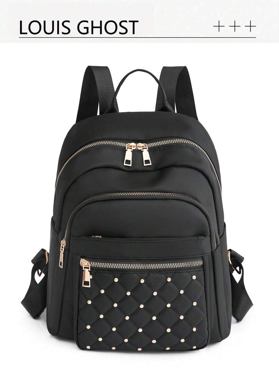 Luxuriöser gesteppter bestickter Nieten-Rucksack, in mehreren Farben erhältlich! Perfekt für den Arbeitsweg, Reisen und Einkaufen. Die Vorderseite zeigt ein gestepptes besticktes Muster, akzentuiert mit Metallnieten, was einen eleganten und kantigen Stil maximiert. Mehrere Taschen zum Verstauen von Handy, Schlüsseln, Wasserflasche, Tablet