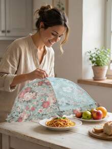 High Quality Floral Food Cover, Foldable, Large Capacity, Hexagon & Round Shape, Fly & Dust Proof, Dining Table Cover, Mesh Fabric Food Tent - Multicolor - View 1