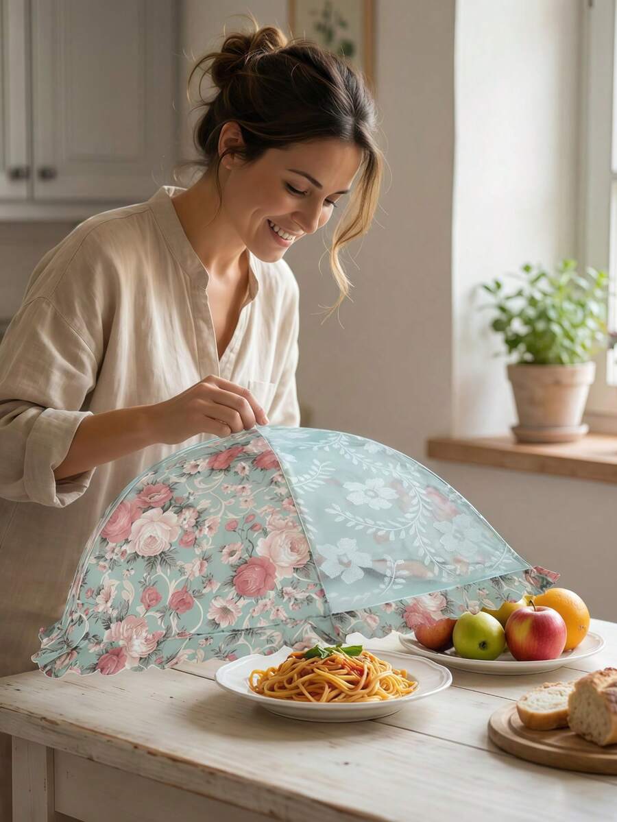 High Quality Floral Food Cover, Foldable, Large Capacity, Hexagon & Round Shape, Fly & Dust Proof, Dining Table Cover, Mesh Fabric Food Tent - Multicolor - View 1