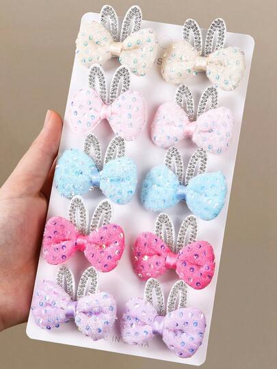10pcs Girls Butterfly Ear Diamond Sequin Cute Versatile Barrettes, Simple Non-Damaging Hair Clips, Back To School Hair Accessories, Suitable For Daily Use