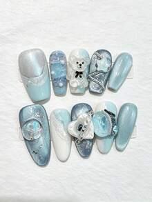 10pcs Oval-Shaped Wearable Nails, Icy Blue Cat Eye Base With 3D Handmade Mini Bear & Star Crystal Decor, Sweet & Cute Style, Perfect For Summer Beach Vacation, Daily Commute And Dates, Handcrafted Reusable Nail Tips, Y2K Vibe, Ideal Gift For Her - Baby Blue - View 1