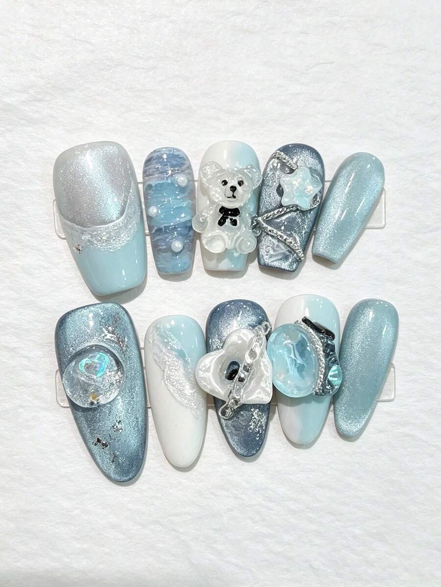 10pcs Oval-Shaped Wearable Nails, Icy Blue Cat Eye Base With 3D Handmade Mini Bear & Star Crystal Decor, Sweet & Cute Style, Perfect For Summer Beach Vacation, Daily Commute And Dates, Handcrafted Reusable Nail Tips, Y2K Vibe, Ideal Gift For Her - Baby Blue - View 1