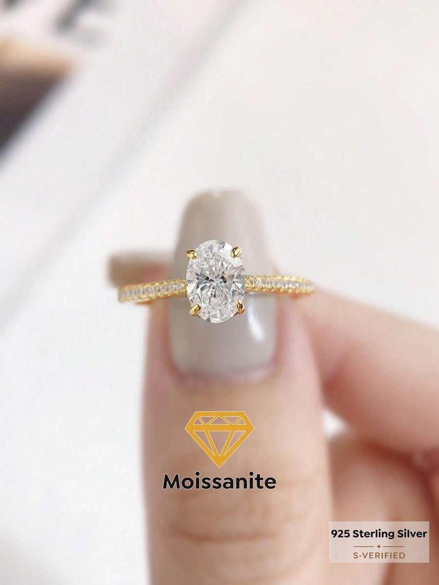 1 chiếc nhẫn Moissanite hình bầu dục đính kim cương 2 carat sang trọng, bạc S925 cao cấp, nhẫn đính hôn, nhẫn kỷ niệm, quà tặng trang sức cho nữ, quà tặng năm mới. - Nhẫn moissanite hình bầu dục đính kim cương - 1ct - Xem 1